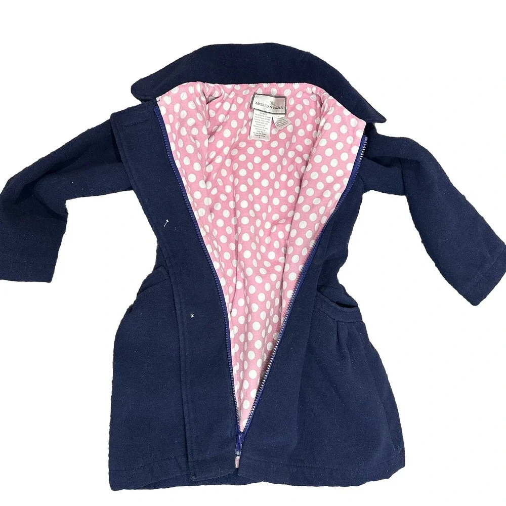 Pea Coat Girls Size 5 Navy Pink‎ Polka Dot Zip Up double Breasted trenchcoat